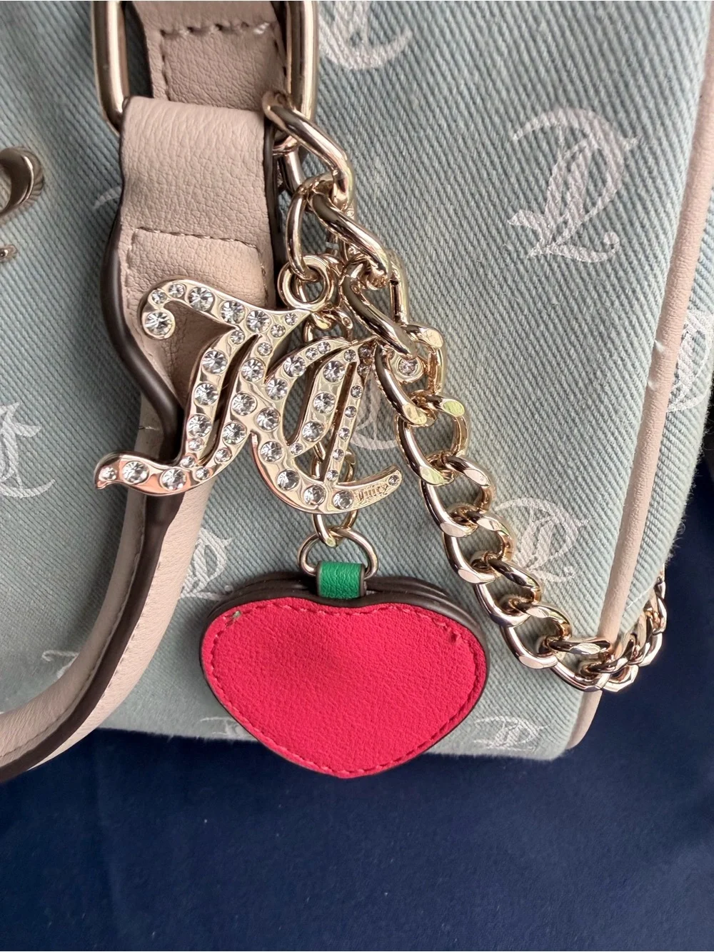 Juicy Couture Light Blue Satchel with Cream Handles & Red Heart Charm